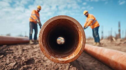 Construction workers manage large pipes on a construction site, showcasing teamwork and infrastructure development.