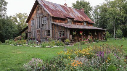 Fototapeta premium Rustic Old Farmhouse Surrounded by Wildflowers