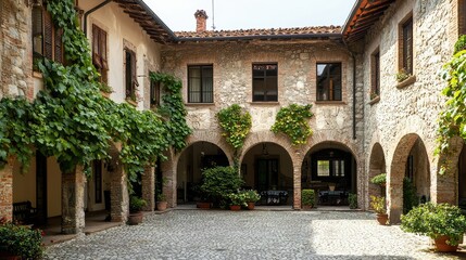 Fototapeta premium Charming Italian Courtyard with Stone Arches and Vines