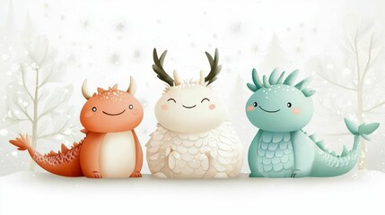Fototapeta premium Chinese new year celebration new beginnings concept, A whimsical illustration featuring three cute monster characters in pastel colors, set against a snowy backdrop with trees.