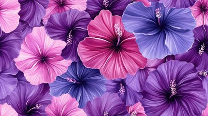 Watercolor hibiscus floral pattern in vibrant purple and pink hues ideal for invitations weddings greeting cards and textile designs
