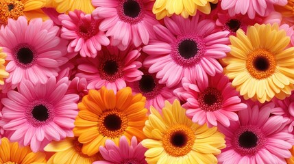 Fototapeta premium Seamless watercolor pattern of pink and yellow daisies and gerberas vibrant floral design for textile and wallpaper applications