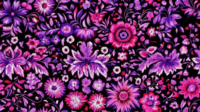 Elegant embroidery pattern featuring intricate flowers on a dark background ideal for fabric prints and fashion products