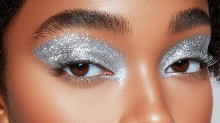 Obraz premium Close-up of Woman's Eye with Silver Glitter Makeup