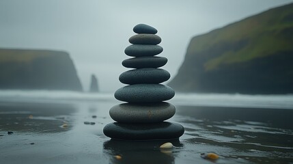 A carefully balanced arrangement of smooth, round stones is prominently displayed on a misty beach at dawn. Ocean waves gently lap at the shore while cliffs rise in the background - Powered by Adobe