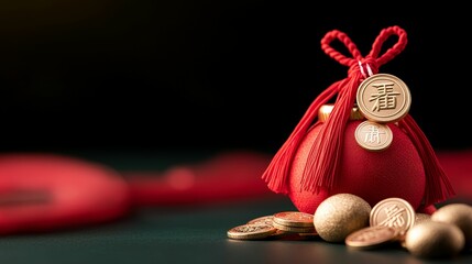 Chinese new year celebration new beginnings concept, A vibrant red pouch filled with coins, symbolizing prosperity and good fortune, set against a dark background.