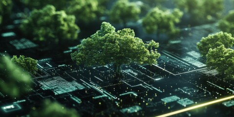 Data chart blending nature-inspired elements with modern technology, eco-tech theme,