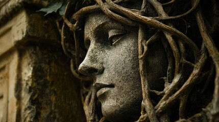 Artistic Vines Wrapping Around Ancient Stone Face