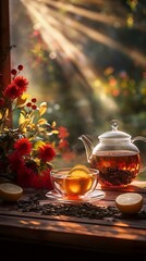teapot with tea on the windowsill, sunlight on the window