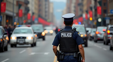 A latina police officer patrolling a busy street stands confidently amidst traffic guiding safety and authority in an urban setting