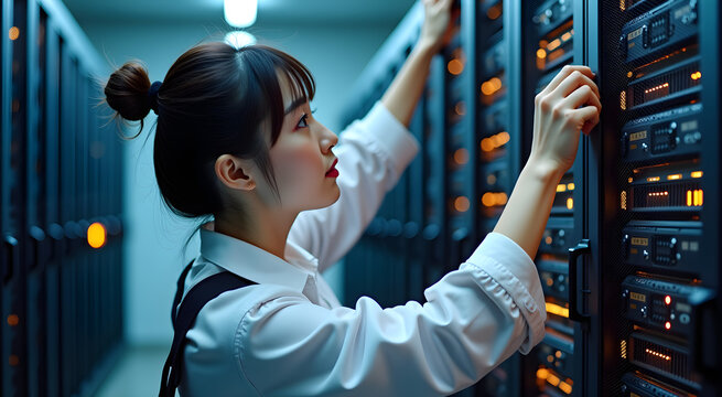 A korean female it specialist carefully fixes a server rack in a modern data center with glowing lights and equipment - Powered by Adobe