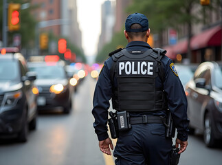 A latina police officer patrolling a busy street, focused on traffic, surrounded by vehicles and city lights, embodying authority and vigilance