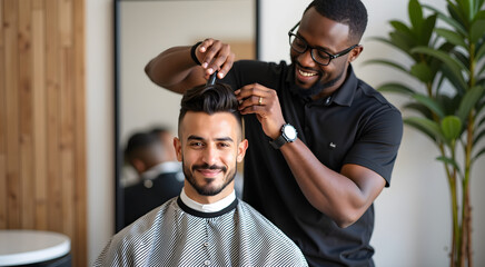 A black male barber styles a client's hair with precision, highlighting a focused expression and a modern salon setting that emphasizes professionalism and care