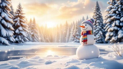 Fototapeta premium a peaceful winter landscape featuring a happy snowman in the foreground 