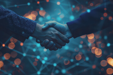 Two businessmen shaking hands with digital technology network connection background with success.