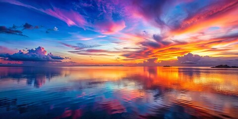 A vibrant sunset paints the sky with fiery hues, mirroring the dramatic colours on the calm waters of the ocean, creating a breathtaking spectacle of nature's artistry.