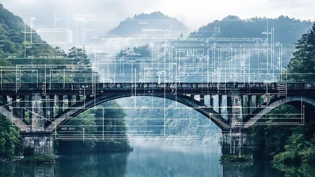 Bridge to the Future: A picturesque bridge spans a tranquil river, its stone arches adorned with intricate digital patterns, symbolizing the interconnectedness of technology and nature.
