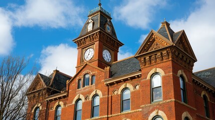 Obraz premium Victorian Town Hall with Clock Tower in Bright Sky