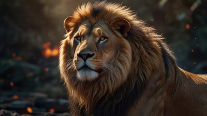 Fototapeta premium A majestic lion with a golden mane stares intensely at the viewer with a backdrop of fire and bokeh.