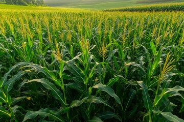 Obraz premium Close-up of a lush, green cornfield with rows of growing corn plants under a clear sky, signifying healthy agriculture and crop growth.. Beautiful simple AI generated image