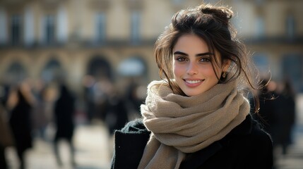 Obraz premium A young woman stands confidently in a busy city square, wearing a warm scarf. The sun shines brightly, illuminating her features as she engages with the lively atmosphere around her