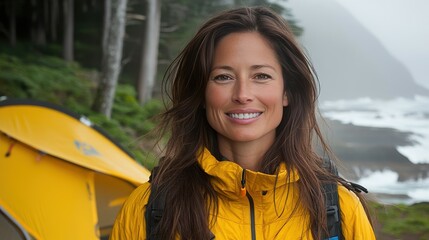 A woman enjoys her time while camping near the coast, wearing a bright yellow jacket. The gentle waves crash against the rocky shore under a cloudy sky