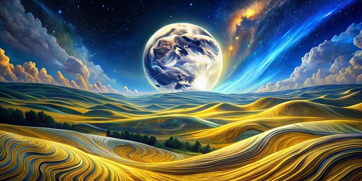 A celestial landscape with a large moon, clouds, and rolling hills in shades of yellow and green.