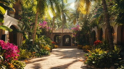 Obraz premium Tropical Courtyard with Lush Palm Trees and Flowers