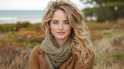 Fototapeta premium A young woman with long, wavy hair and a scarf sits in a natural outdoor setting near the sea, showcasing her serene expression and connection with nature