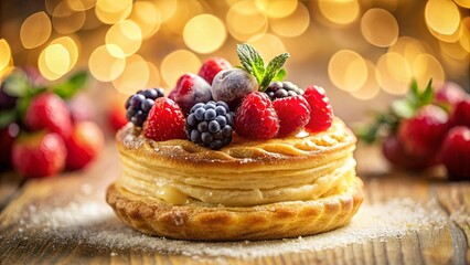 A delectable pastry topped with an assortment of fresh berries and a sprig of mint, dusted with powdered sugar, creating a symphony of flavors and textures.