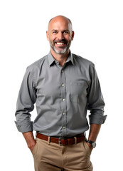 Smiling Bald Man Gray Shirt Khaki Pants Studio Portrait