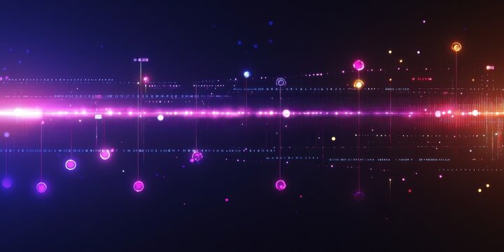 Innovative timeline chart with glowing pathways and digital markers, advanced tech design,