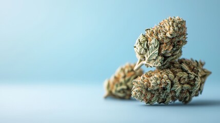 Realistic Close-up of Medicinal Cannabis Buds Displaying Rich Texture and Natural Colors Against a Soft Blue Background for Wellness and Health Use