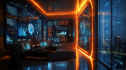 Obraz premium Futuristic office environment featuring interactive digital walls displaying vibrant financial charts glowing projections comprehensive business insights