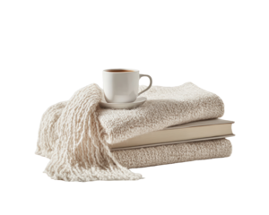 White blanket with a white cup and a white plate on top of it. on Isolated transparent background