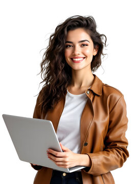 A smiling young woman confidently holds a laptop, embodying modern tech savvy and professional charm.