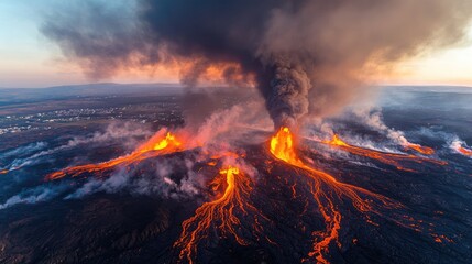 Majestic Eruption of Volcano with Lava Flowing Down Mountainside, Emitting Plumes of Smoke and Ash Over Green Landscape Under a Colorful Sky at Dusk