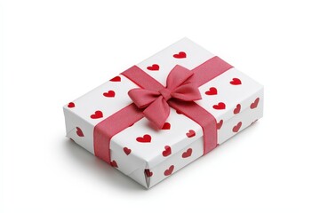 A beautifully wrapped gift box adorned with red hearts and a pink ribbon.