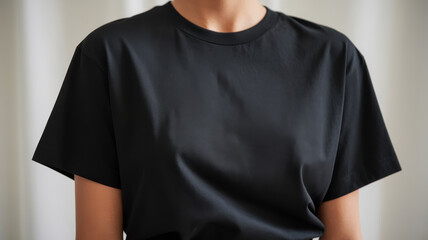 Close-up of a woman of Asian descent wearing a simple black t-shirt, exuding a minimalist and modern aesthetic.