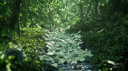 Fototapeta premium Wealth in Nature: Tranquil Landscape with River of Banknotes Flowing Through Lush Greenery