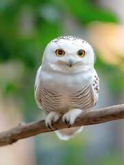 Fototapeta premium a snowy owl with white feathers and gray speckles, isolated on a solid light beige background,