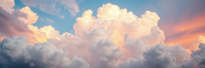 Large, fluffy clouds fill the frame, illuminated by the warm colors of a setting sun