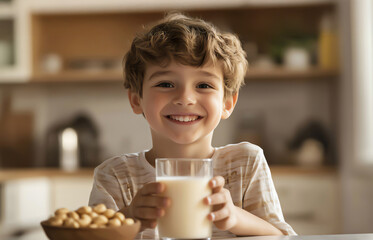 Plant based milk concept - Smiling boy holding a glass of soy milk at a kitchen table.