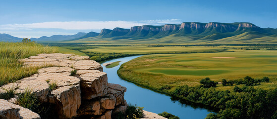 Serene river winding through lush green landscape