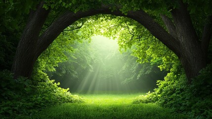 Fototapeta premium A serene view of sunlight filtering through lush green trees in a tranquil forest.