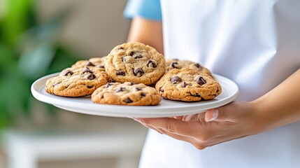 A person holds a plate of freshly baked chocolate chip cookies, showcasing their golden-brown color and chocolatey goodness, perfect for a sweet treat.
