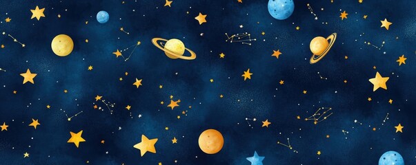 Fototapeta premium A whimsical cosmic pattern featuring planets and stars against a deep blue background.