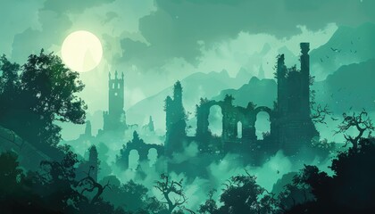 Silhouetted Ruins in a Misty Green Landscape with a Full Moon
