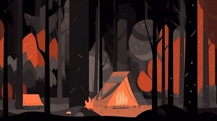 Campfire Glow Illuminates Tent In Dark Forest