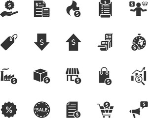 Vector set of price flat icons. Contains icons cost, offer, price tag, estimate, invoice, sale, discount, price list, limited offer and more. Pixel perfect.